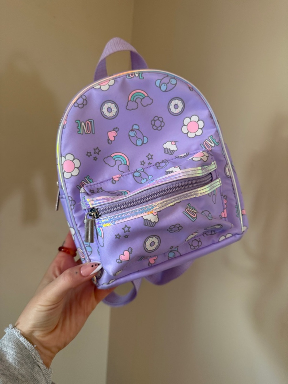 Kids Cute Purple Mini Backpack with Rainbow & Teddy Print